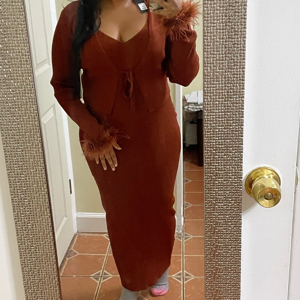 Elegant Brown Feather-Trimmed Dress